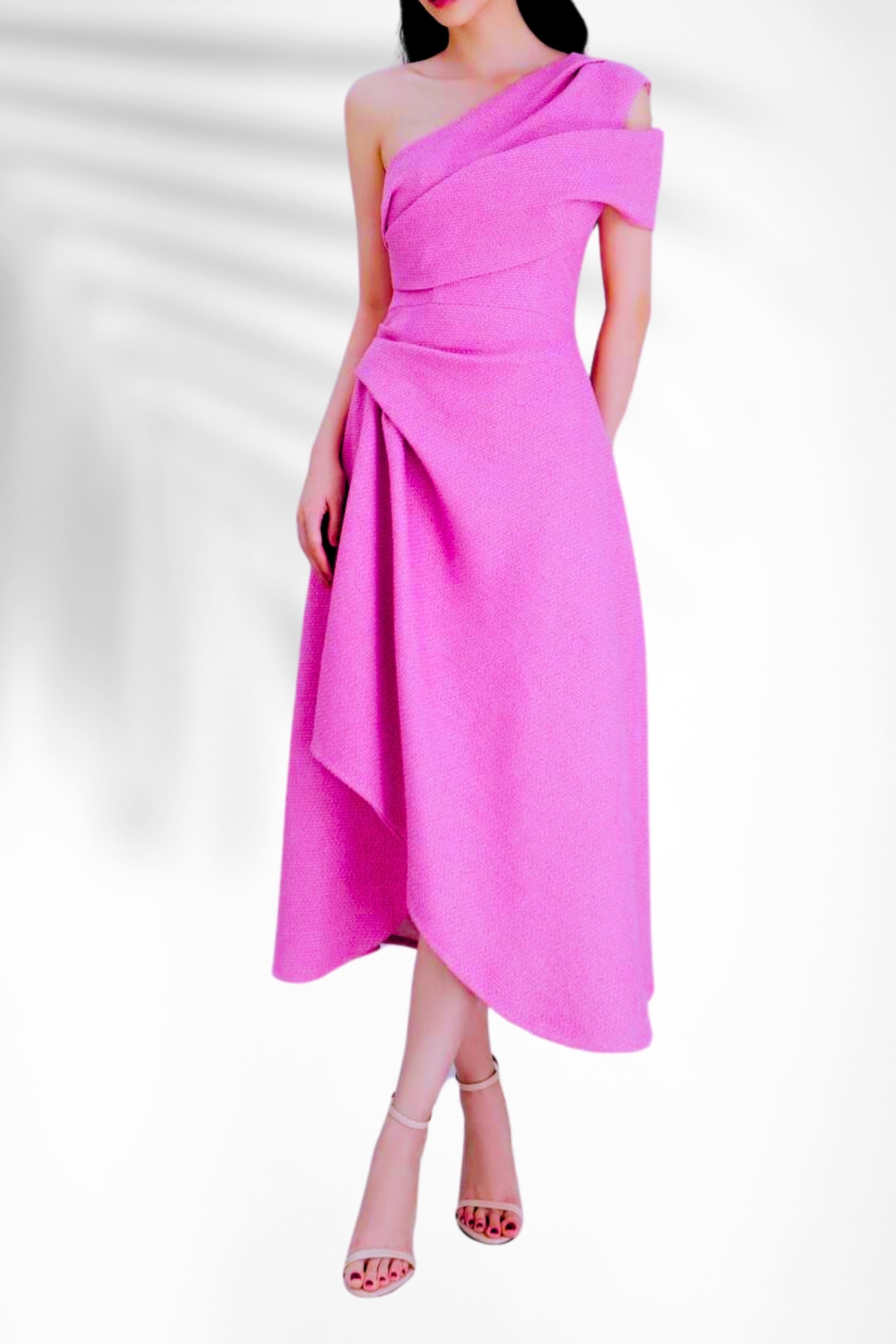Silvie Asymmetric One Shoulder Tweed Midi Dress In Hot Pink