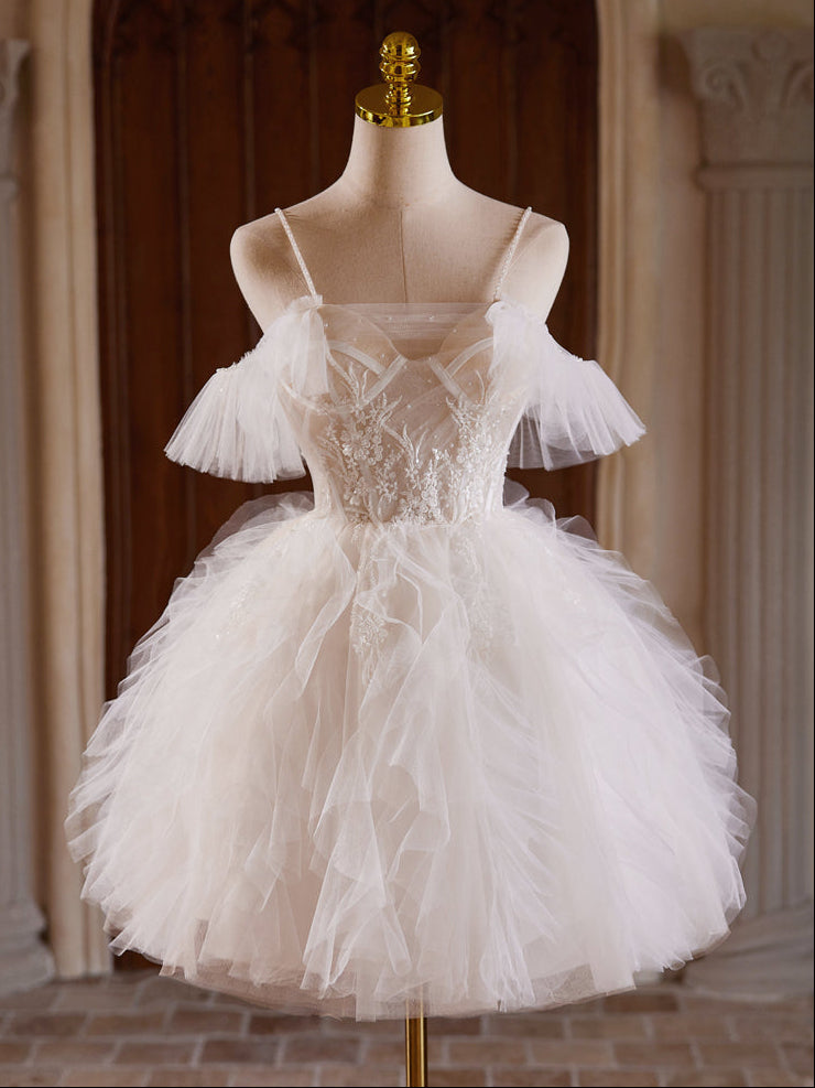 Ball Gown Tulle Lace Light Champagne mini Dress with Beads