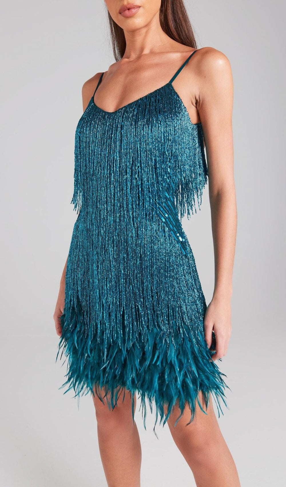 EMERALD TASSEL FEATHER MINI DRESS