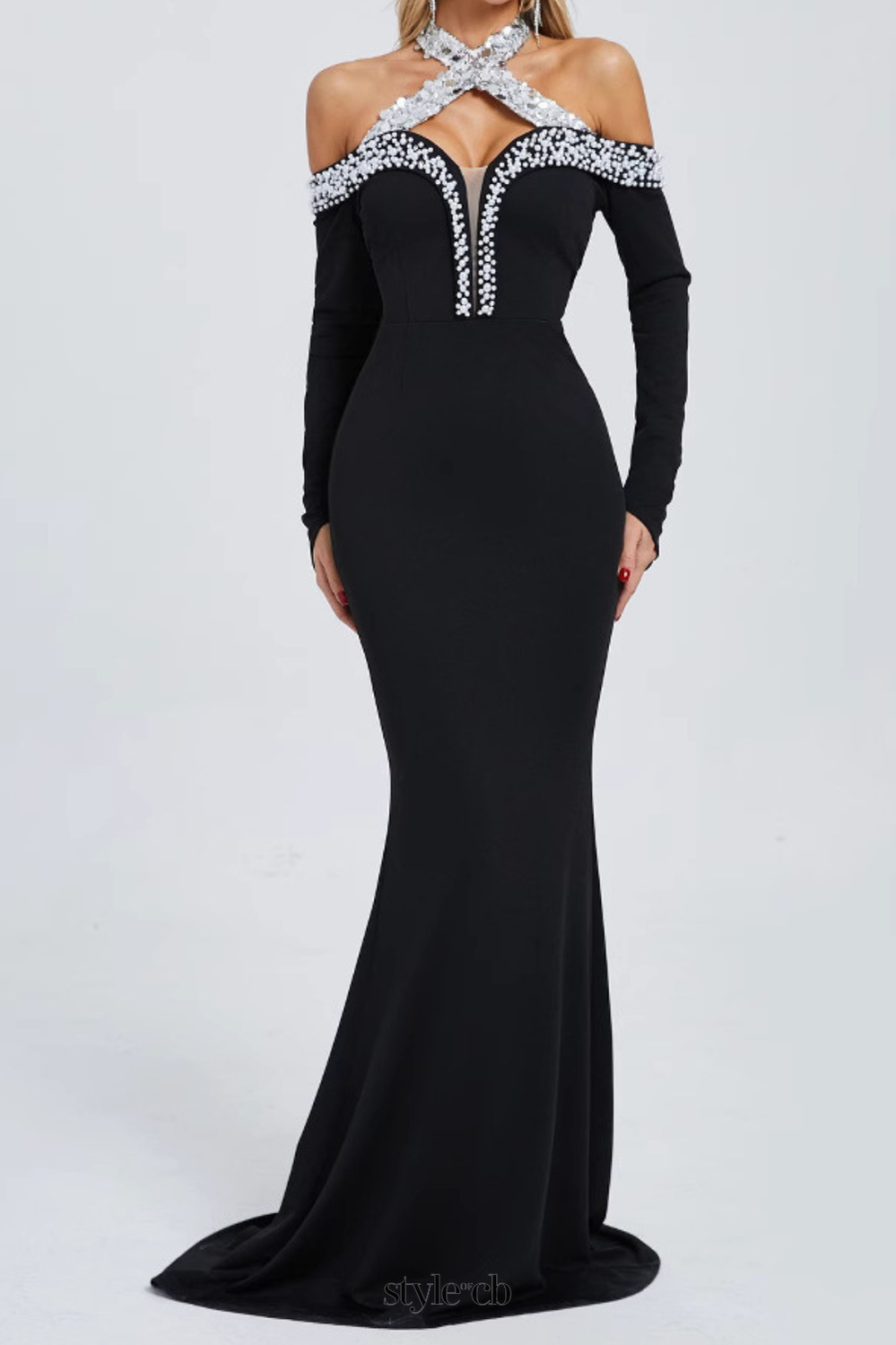 Halter Pearl Crystal-Trim Gown in black