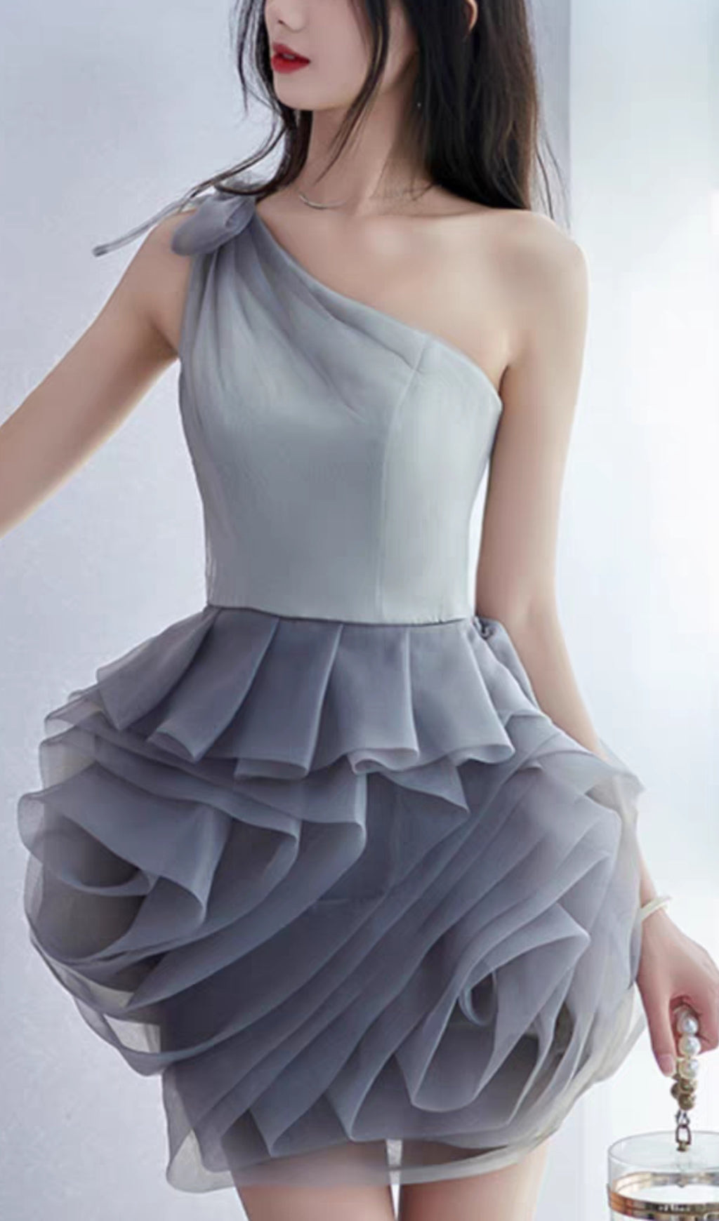 ONE SHOULDER MESH MINI DRESS IN GREY