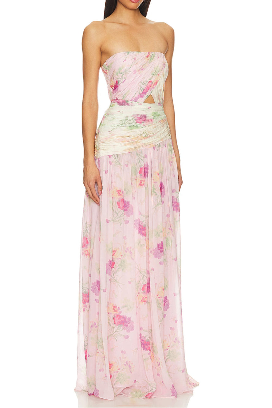 PINTIL STRAPLESS PLEATED FLORAL MAXI DRESS IN MULTI