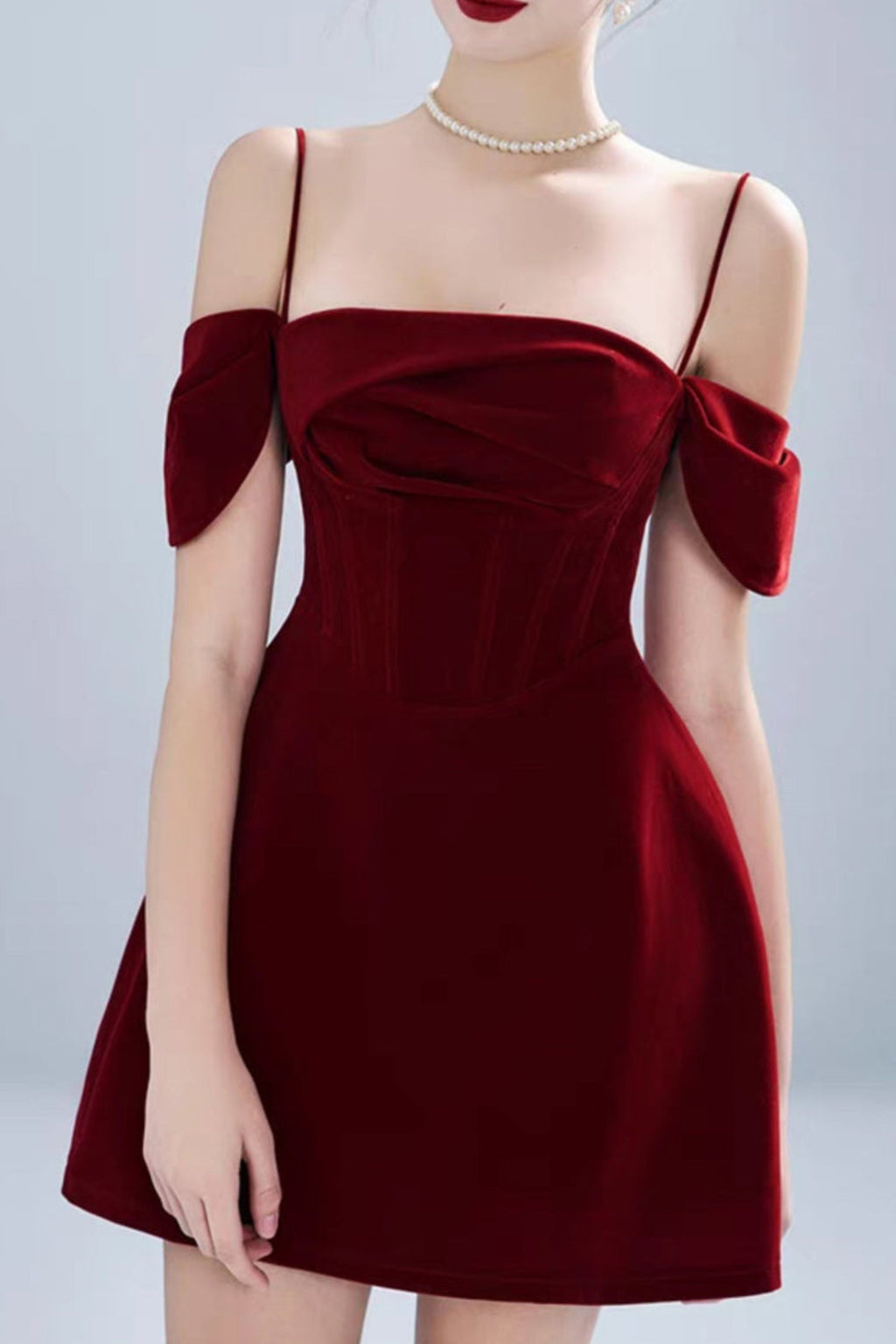 VELVET STRAP MINI DRESS IN CLARET