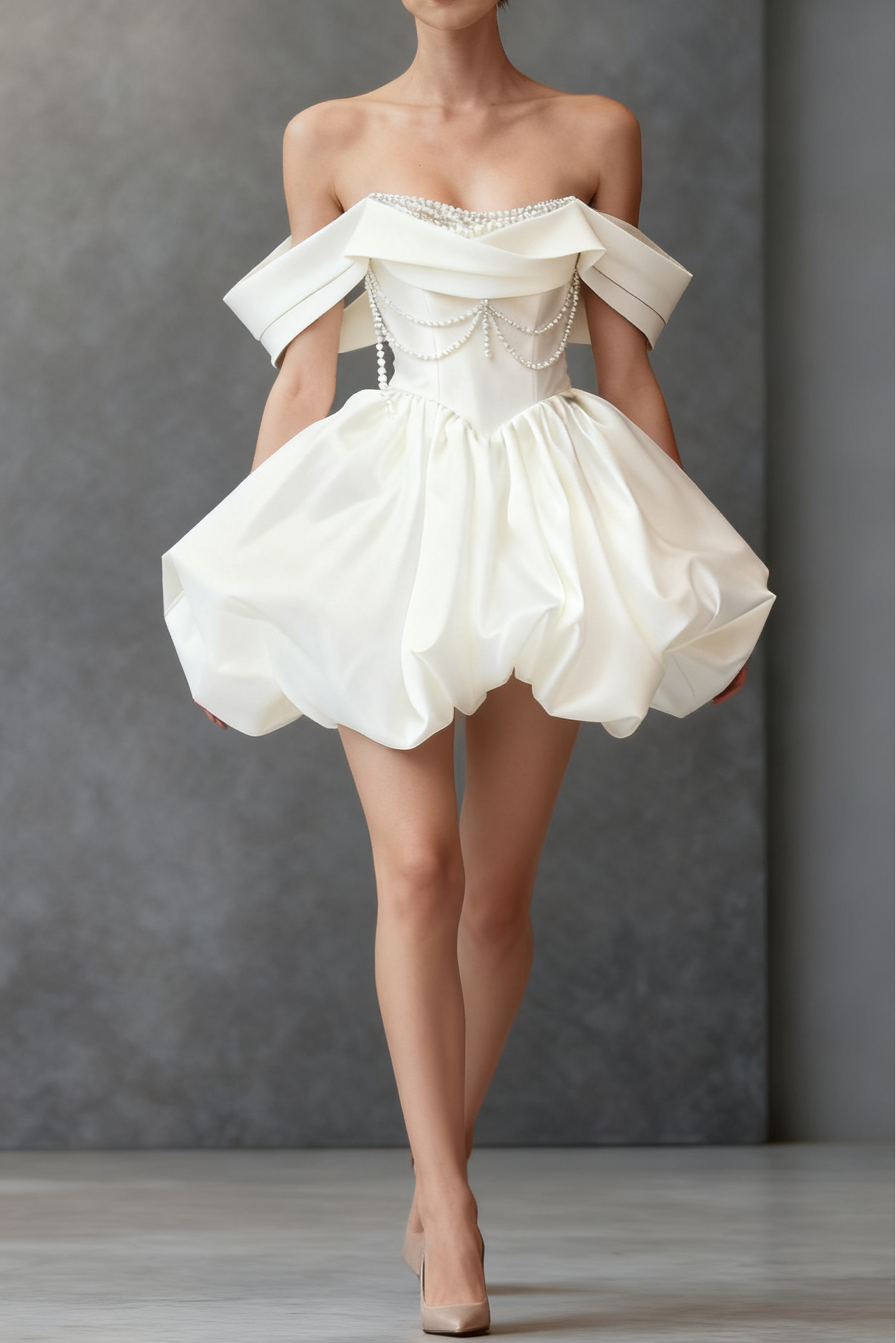 White Satin Beaded Off Shoulder Mini Dress