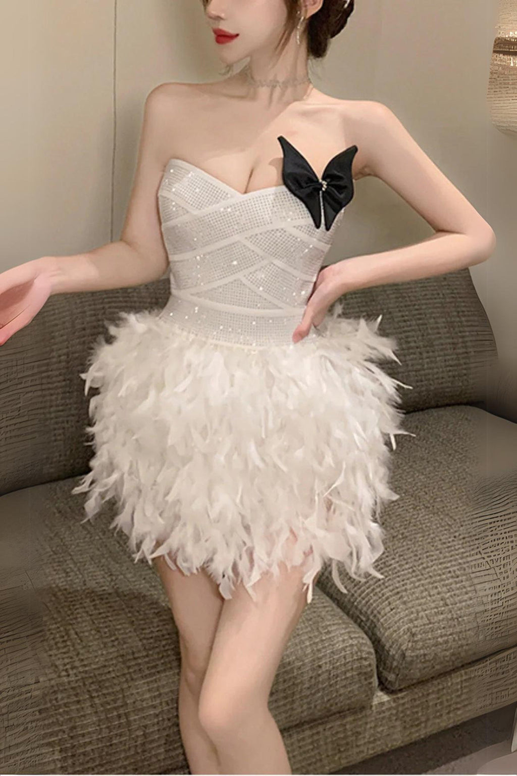 RHINESTONE FEATHER STRAPLESS MINI DRESS IN WHITE