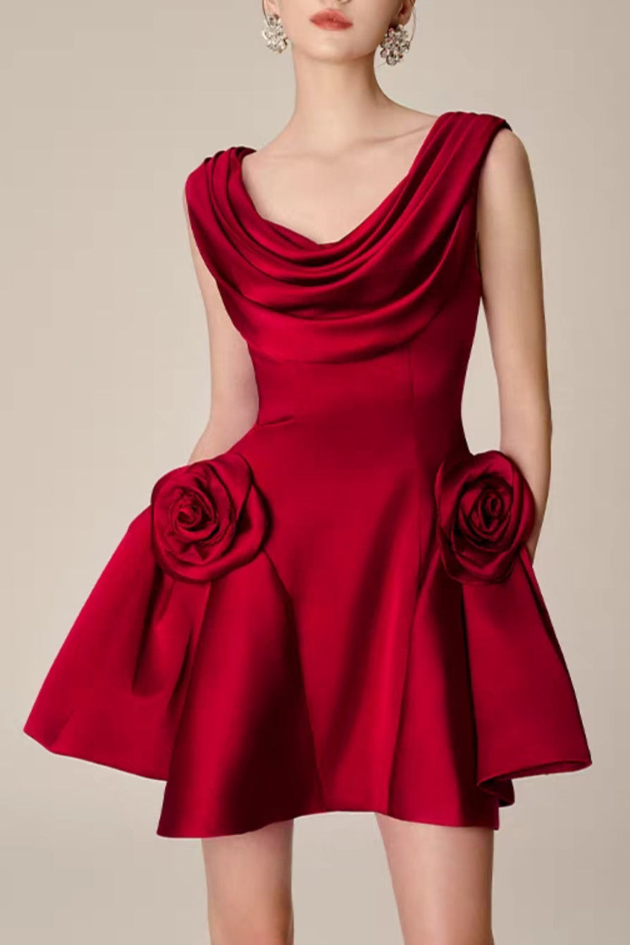 3d flower Pleated Sleeveless Mini Dress
