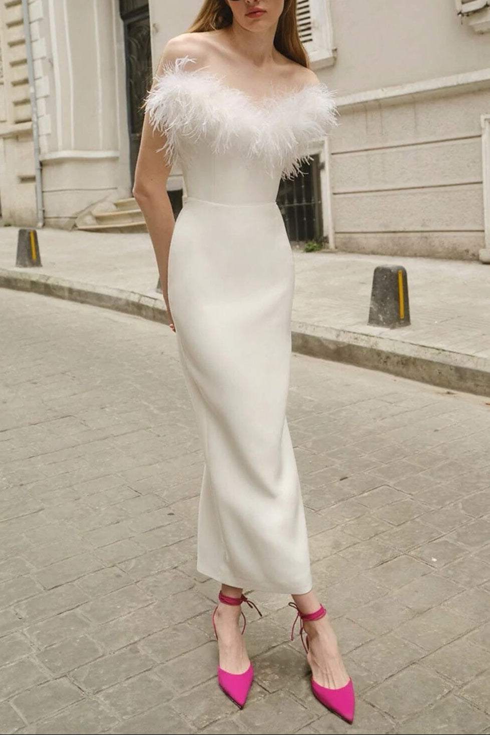 FEATHER BODYCON MAXI DRESS IN WHITE