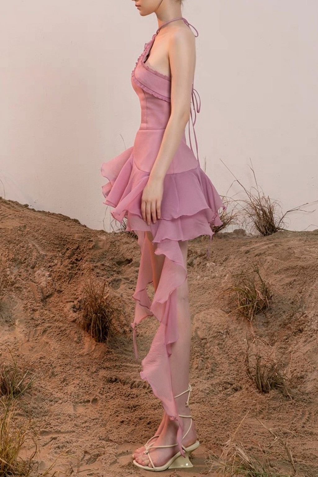 jessica halter ruffle trim mini dress in purple