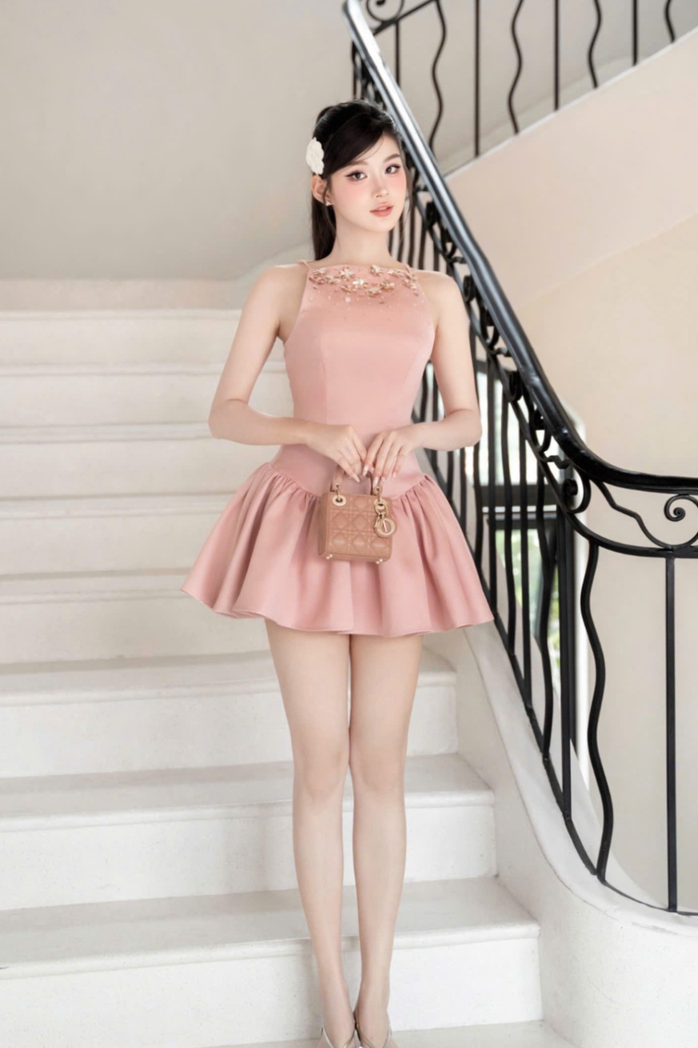 crystal embellished vest mini dress in pink
