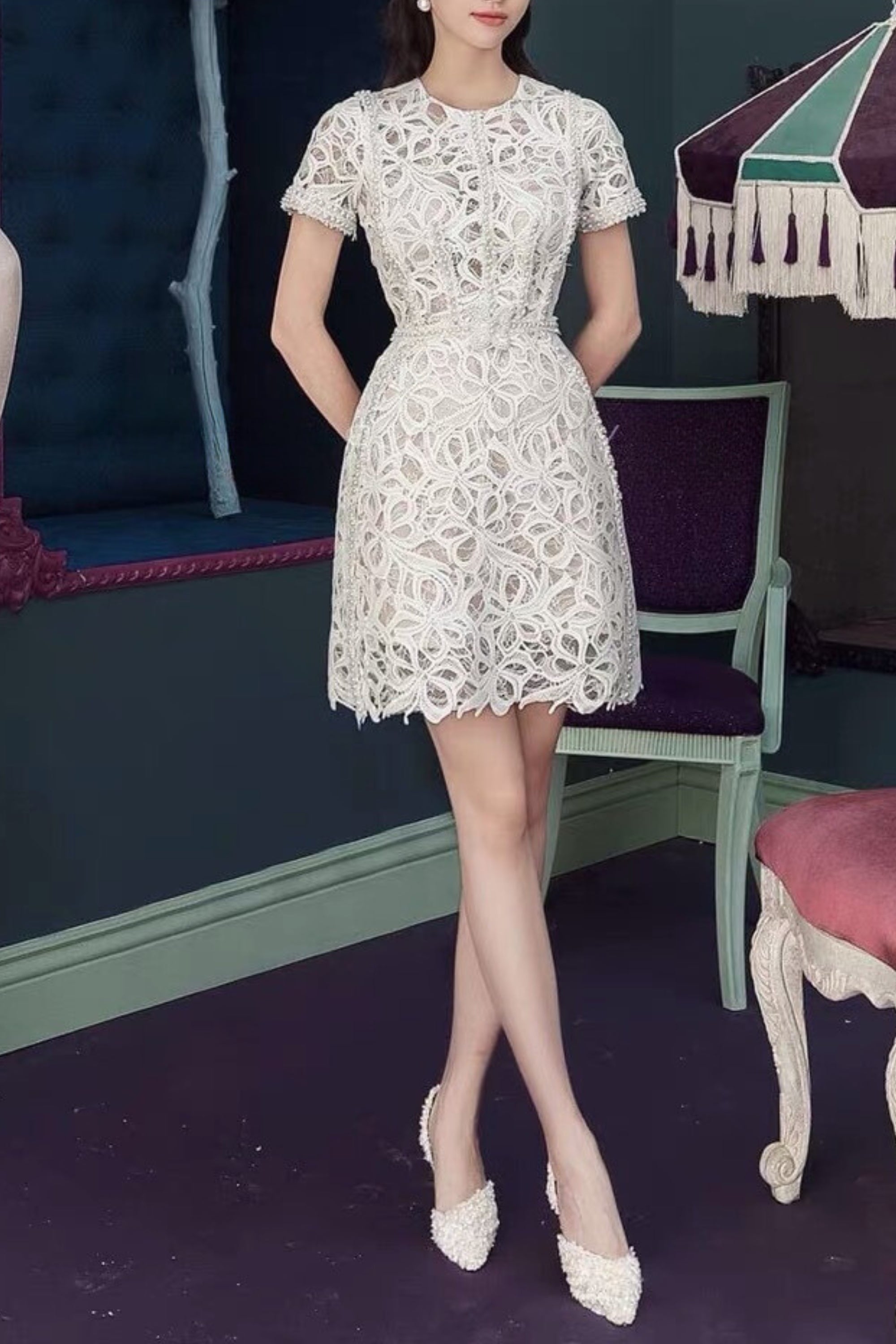 LACE HOLLOW OUT MIDI DRESS IN WHITE