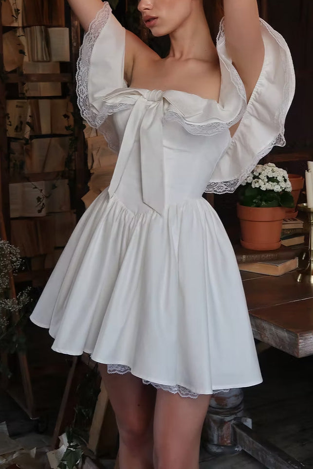 alison Off-shoulder bow lace mini dress in white