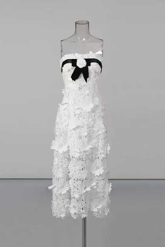 Strapless Flower Embroidery Maxi Dress In White