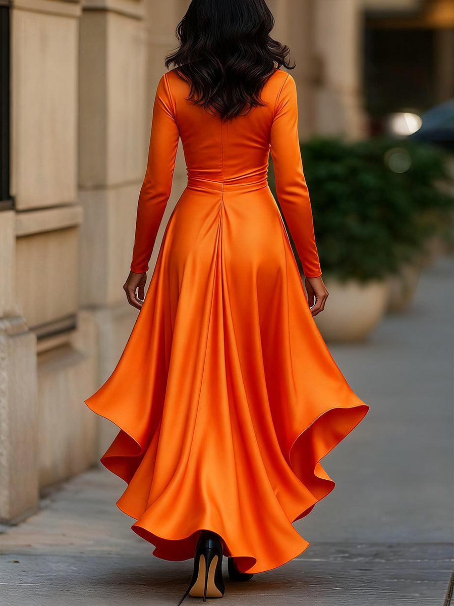 Midnight Blue Draped Satin Maxi Dress With Ruffle Details