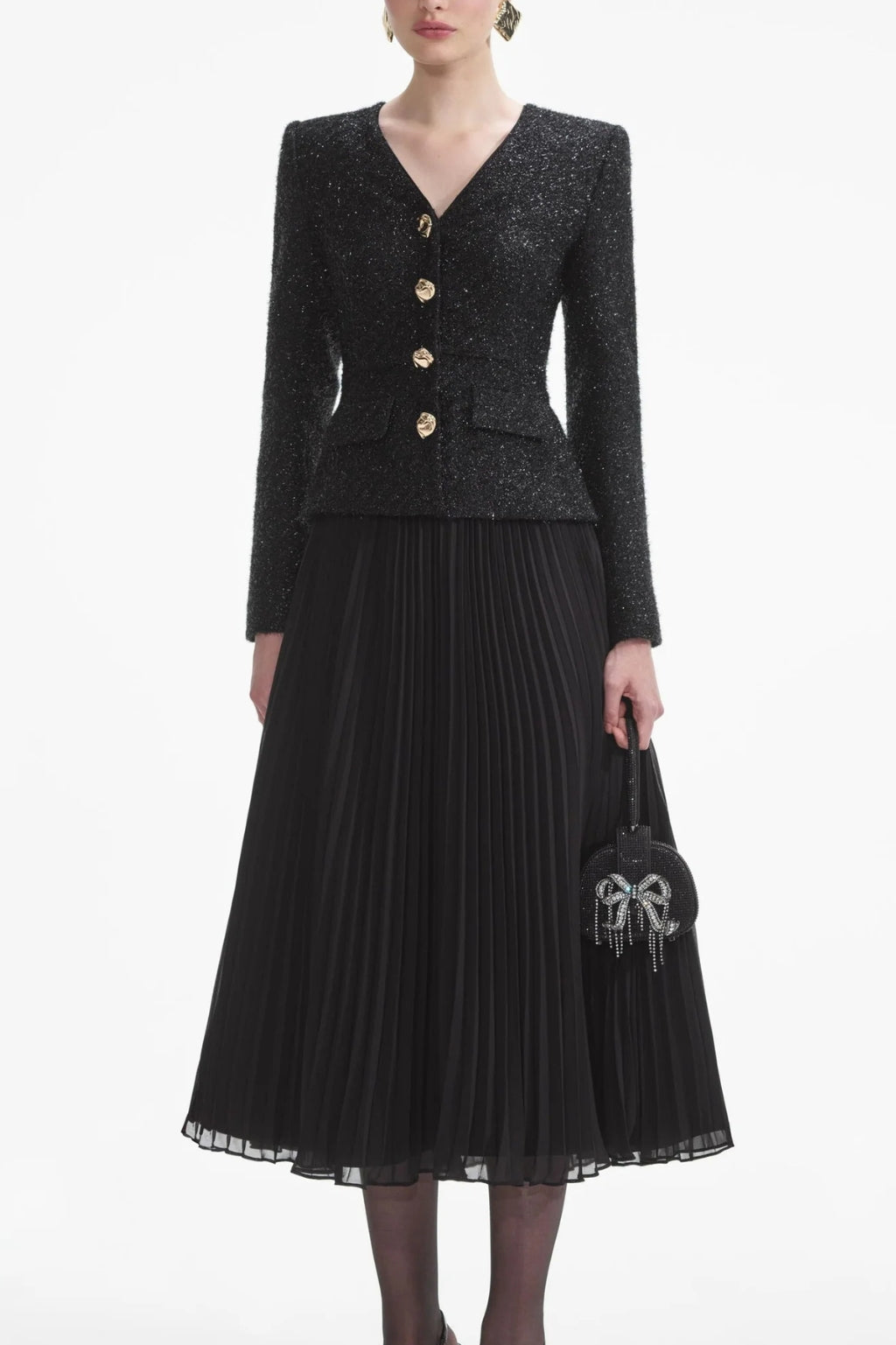 BLACK TINSEL BOUCLE CHIFFON MIDI DRESS