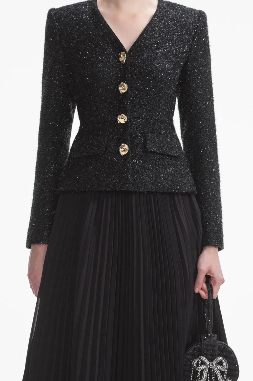 BLACK TINSEL BOUCLE CHIFFON MIDI DRESS