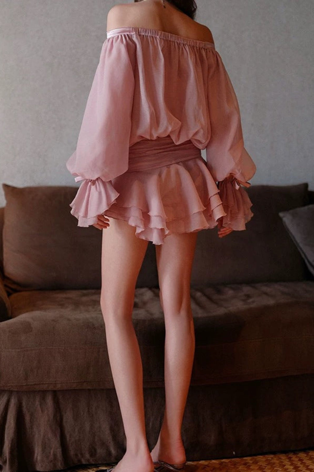 puff sleeve strapless mini dress in misty pink