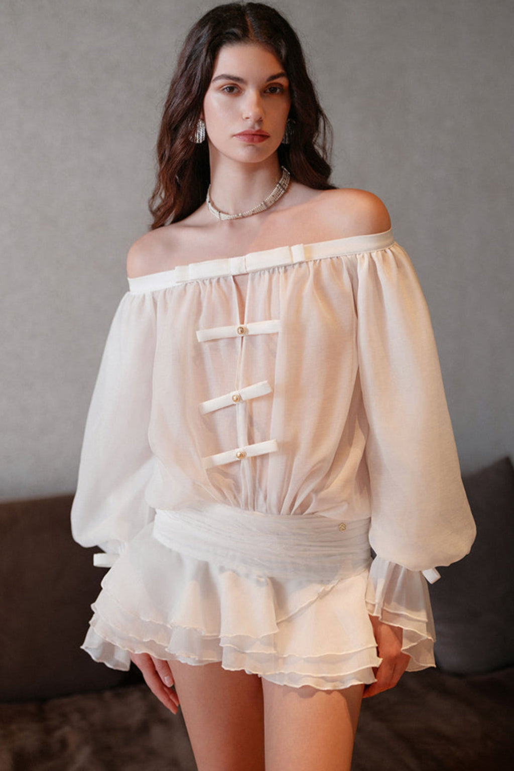 puff sleeve strapless mini dress in pearl white