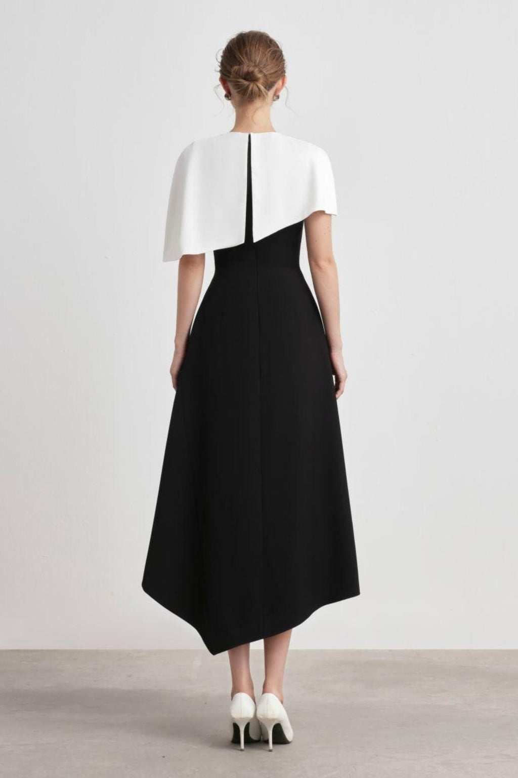 ASYMMETRIC CAPE SHOULDER KATE MIDI DRESS