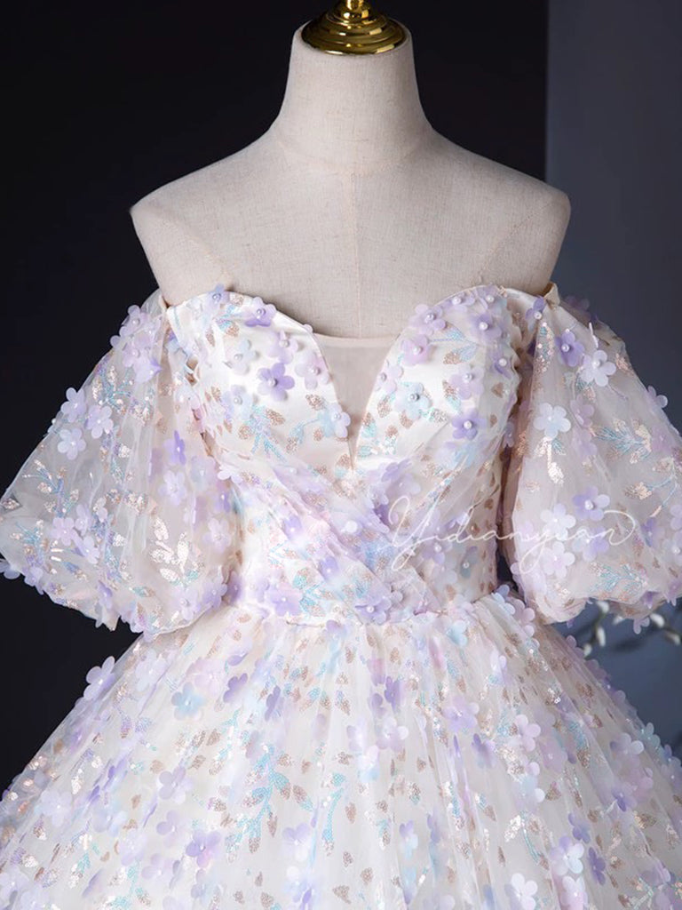 A-Line Neck Tulle Lace Light Purple Dress