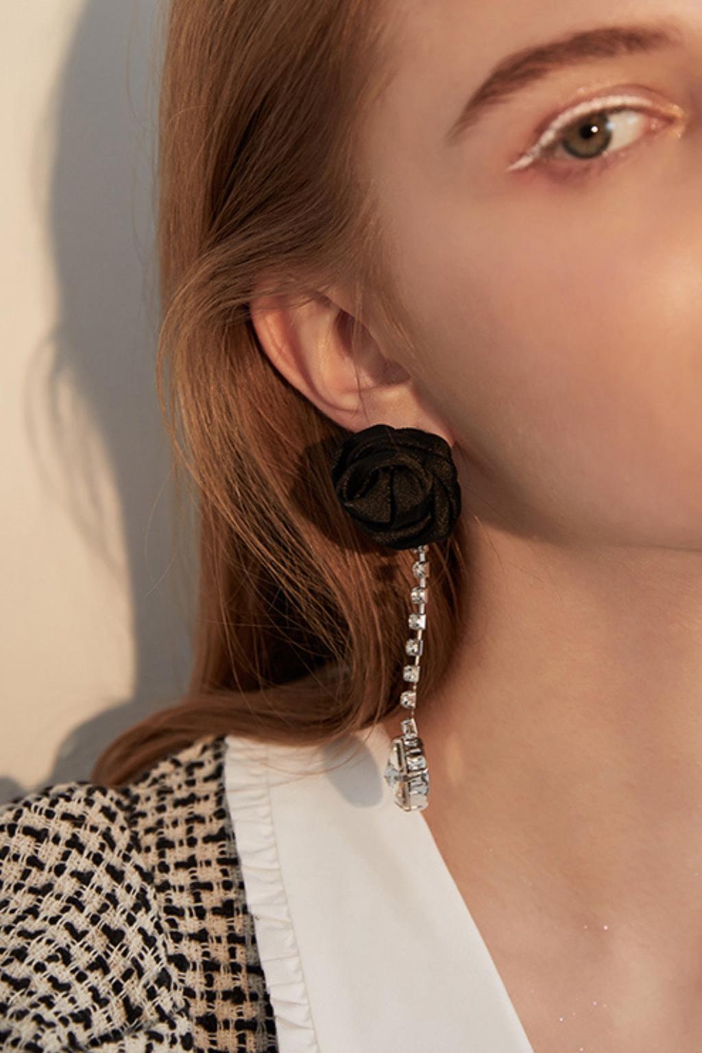 FABRIC ROSE RHINESTONE DROP EARRINGS