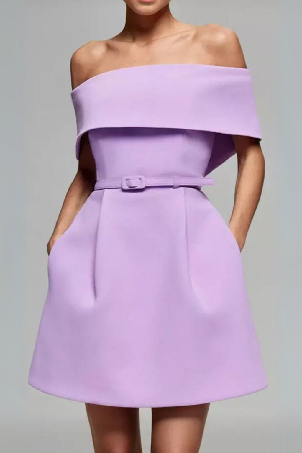 belted off-shoulder a-line mini dress in purple