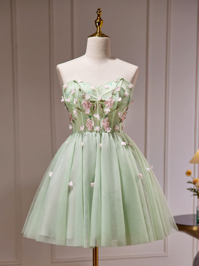 A-Line Tulle Beads Green mini Prom Dress