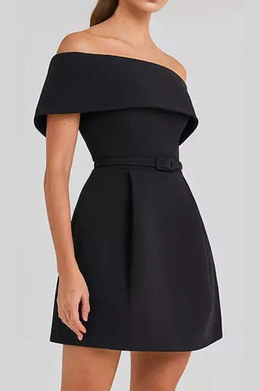 belted off-shoulder a-line mini dress in black