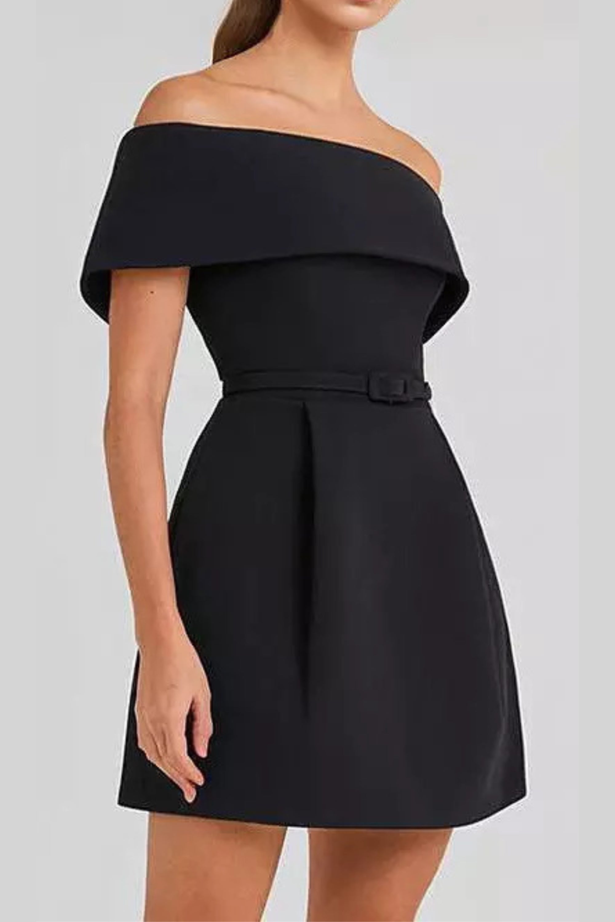 belted off-shoulder a-line mini dress in black