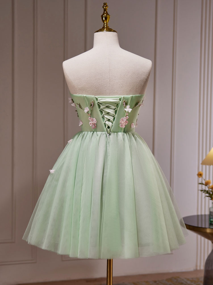 A-Line Tulle Beads Green mini Prom Dress