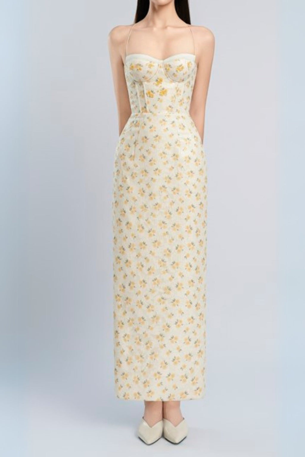print embroidery maxi dress in beige
