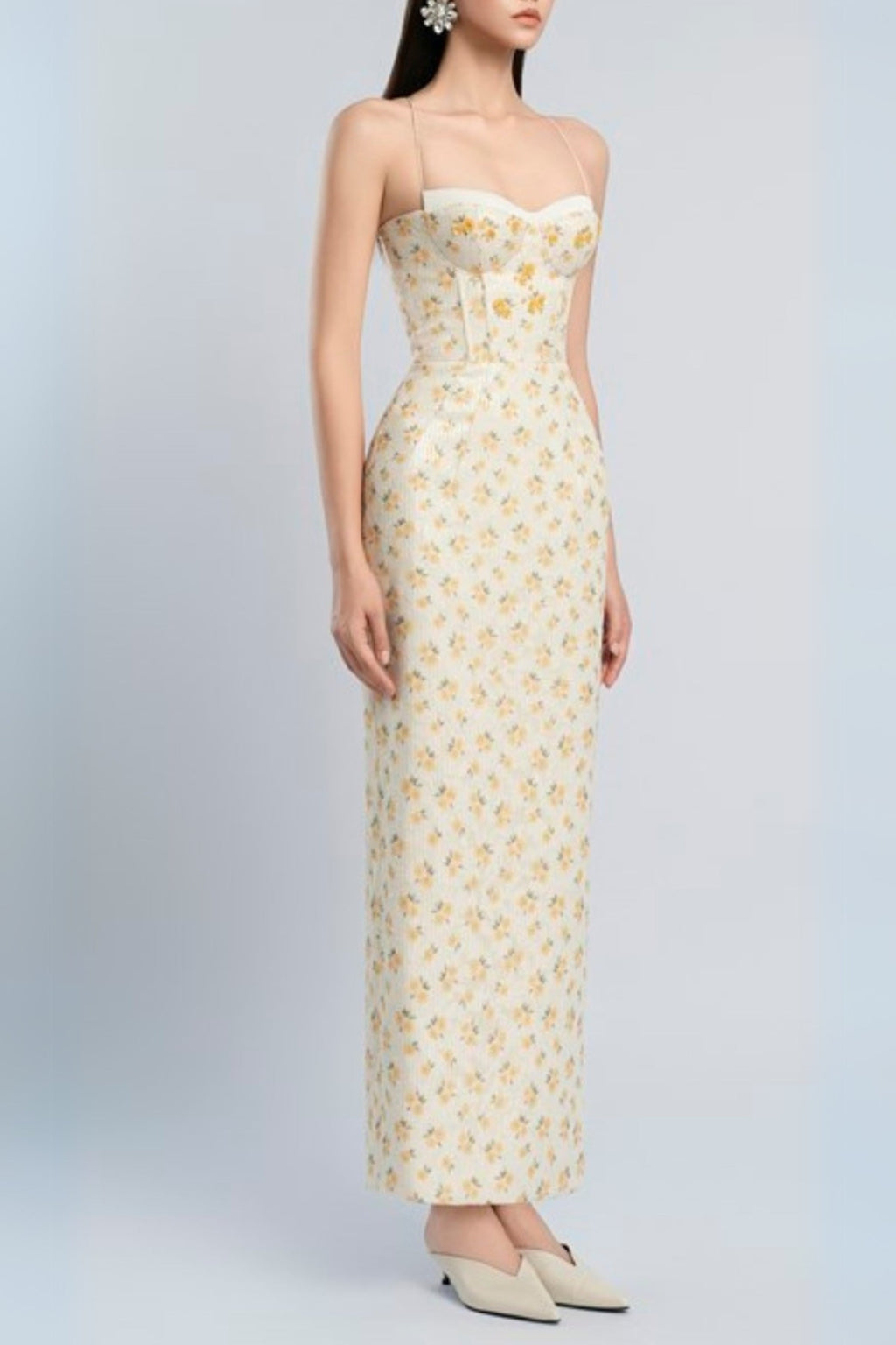print embroidery maxi dress in beige