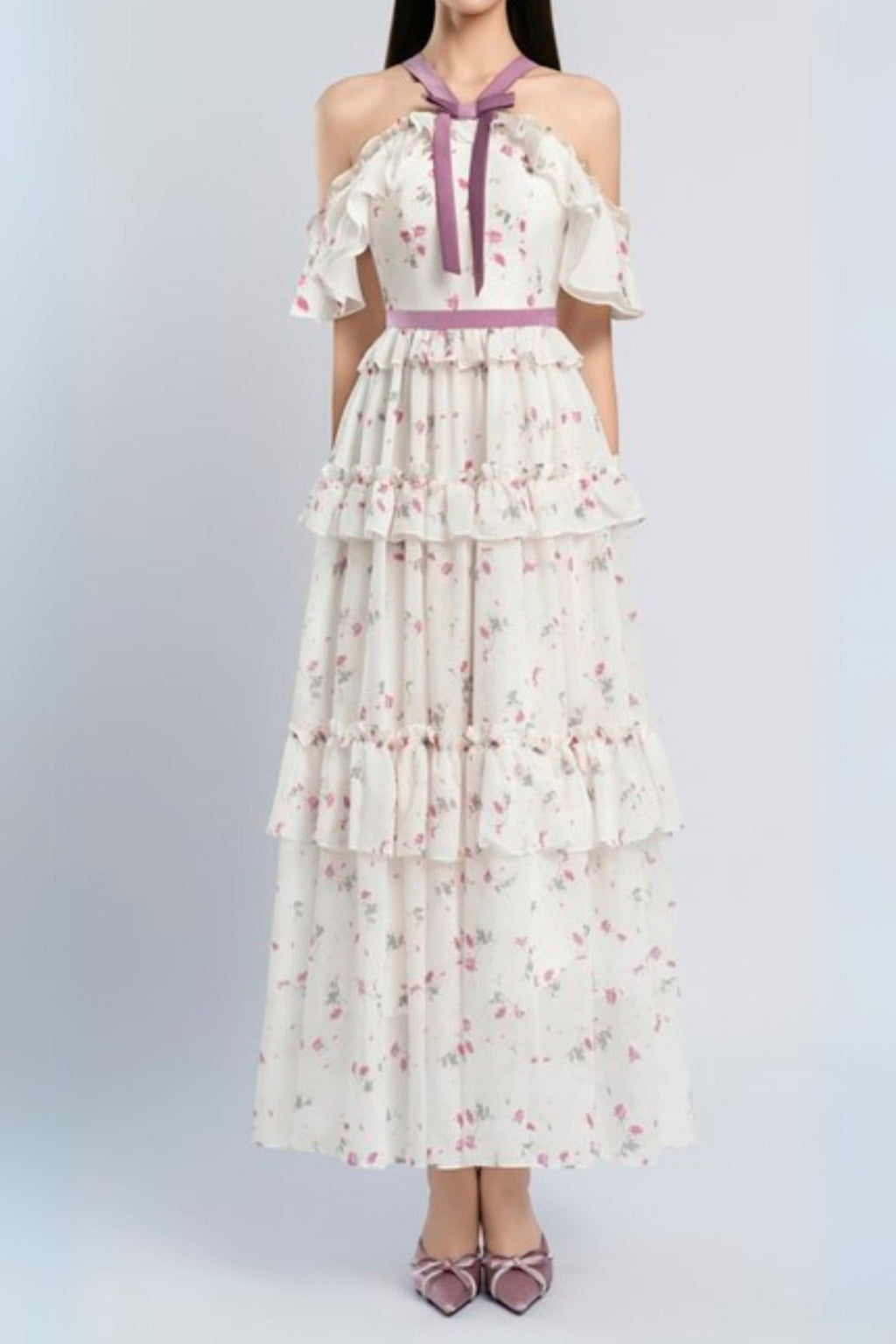 floral print bow collar ruffle flared maxi dress