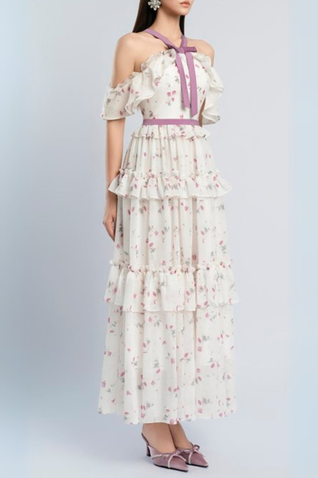 floral print bow collar ruffle flared maxi dress