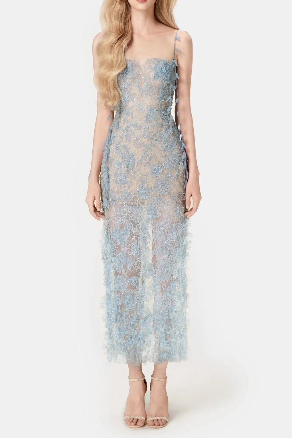 BLUE BEADED LACE PENCEL DRESS