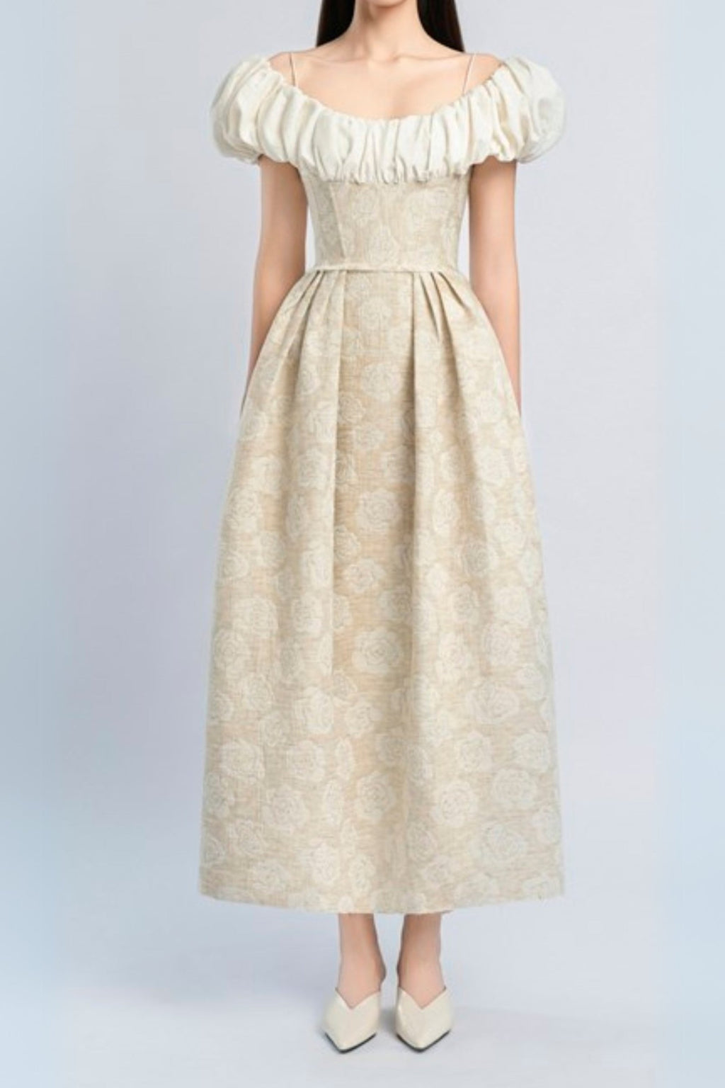 boat neck corset maxi dress in beige