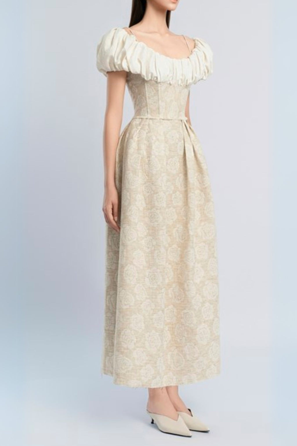 boat neck corset maxi dress in beige