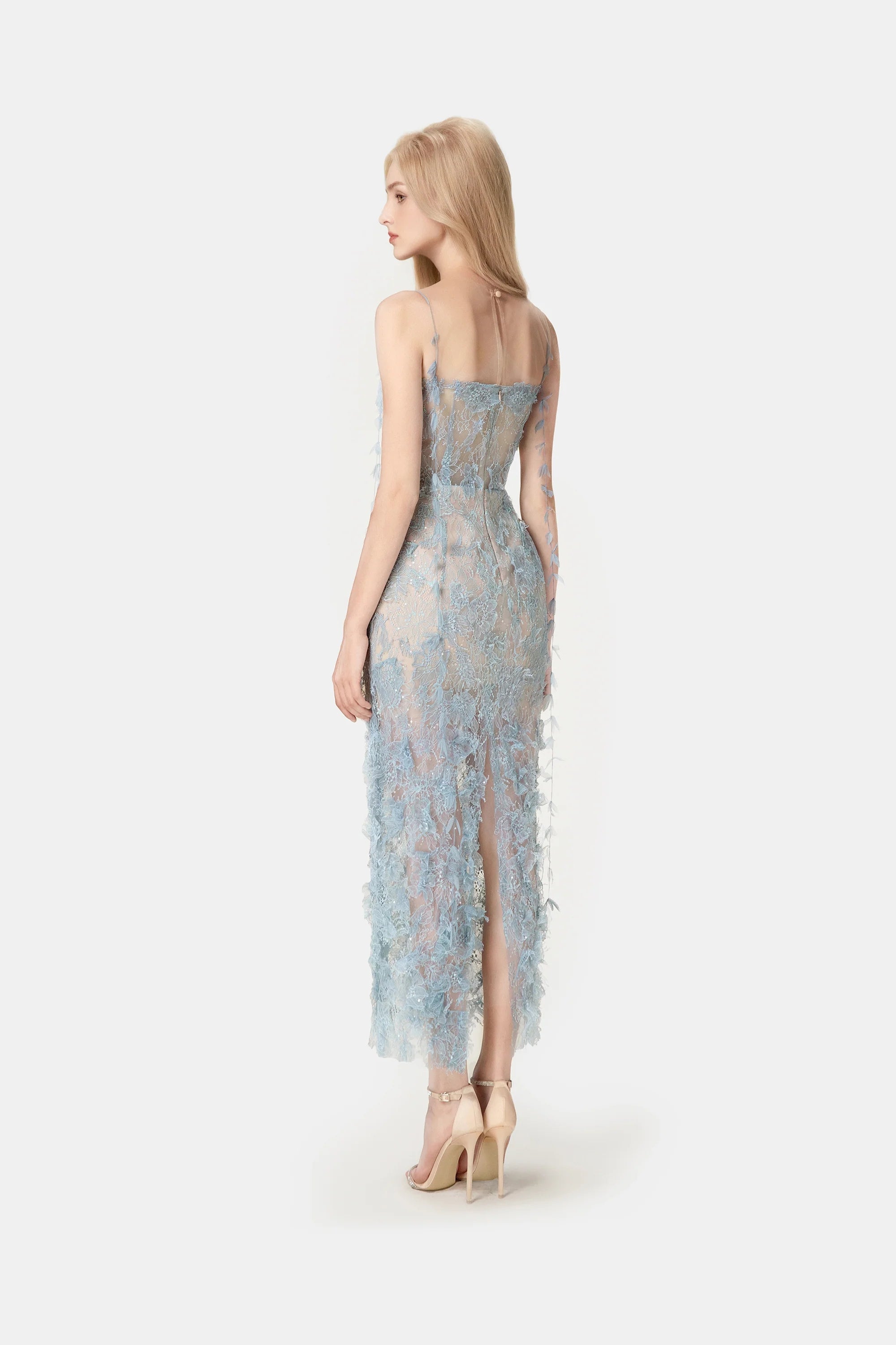 BLUE BEADED LACE PENCEL DRESS
