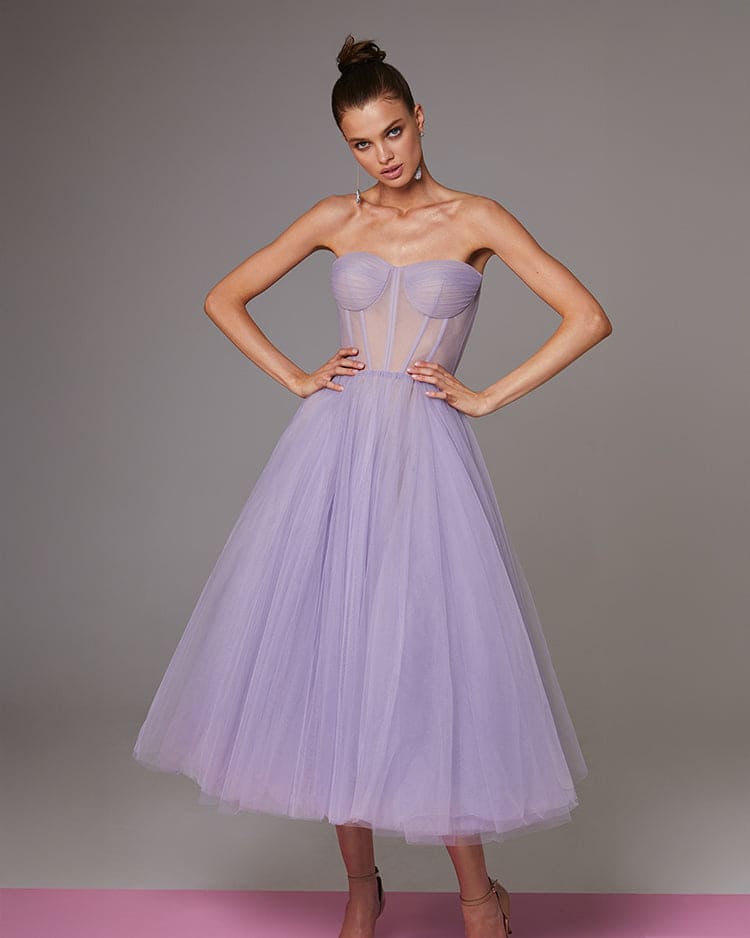Lavender Strapless Puffy Midi Tulle Dress