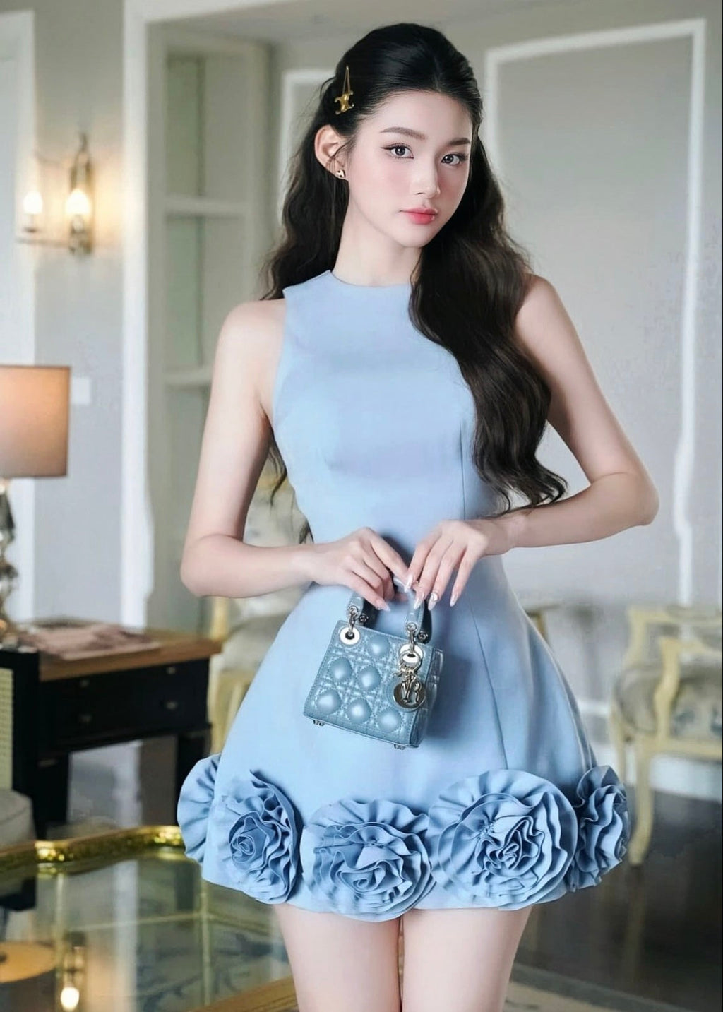 Azure 3D Flower Mini Dress In Blue