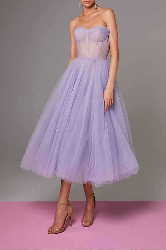 Lavender Strapless Puffy Midi Tulle Dress