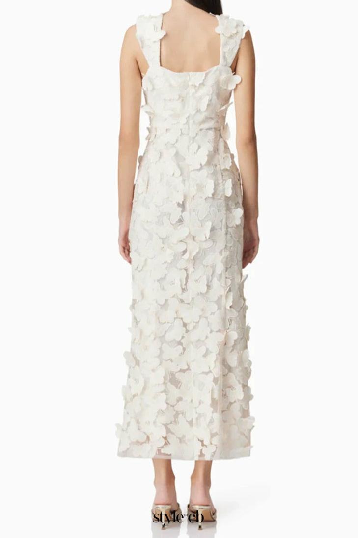 square neckline 3D flower embroidery Gown in White