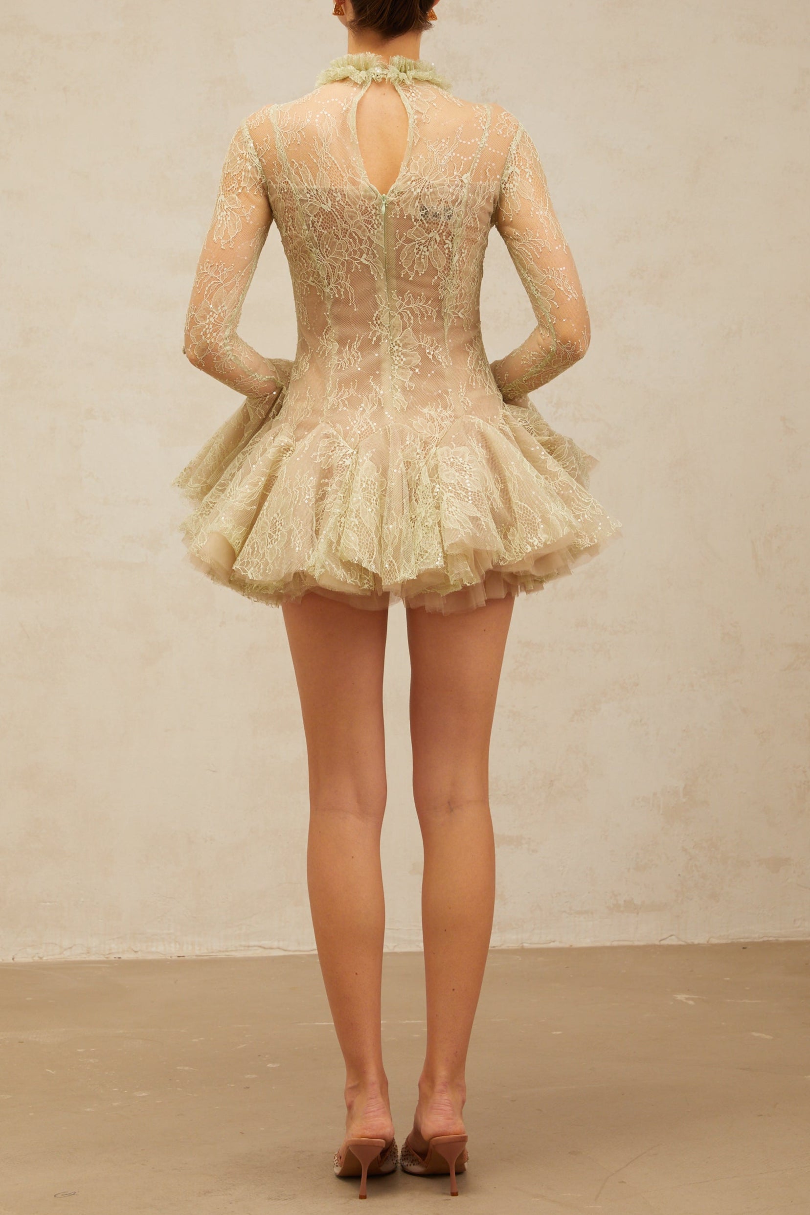 Green Embroidered Flared Mini Dress