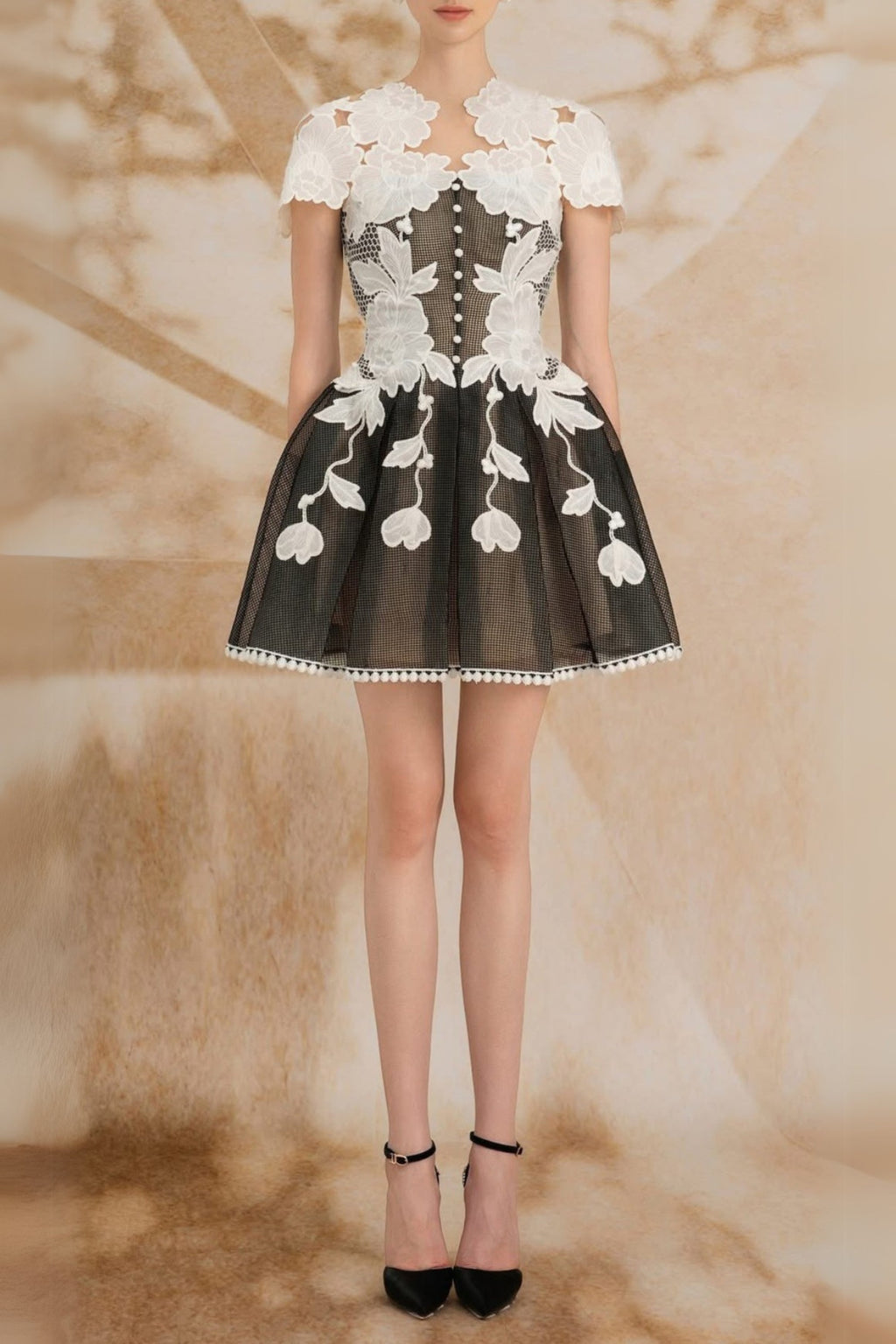 black-white lace flower embellished mini dress