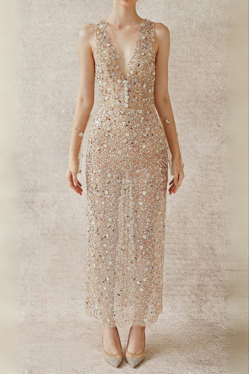 sleeveless flower Embroidery midi dress in beige