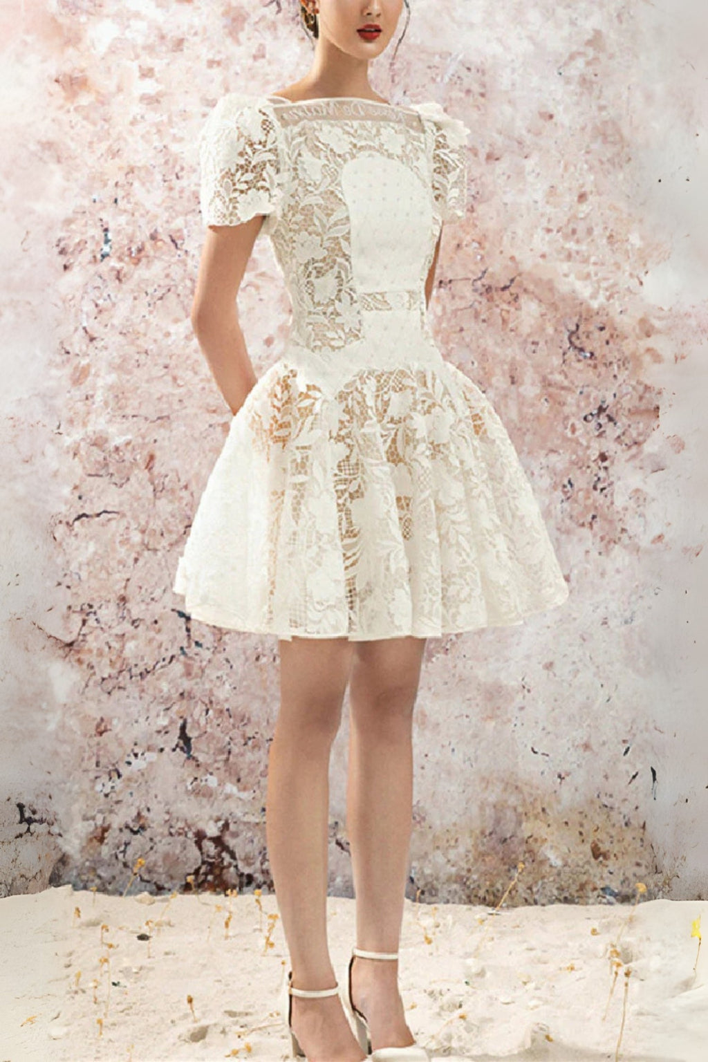 rose sleeve lace hollow mini dress in white