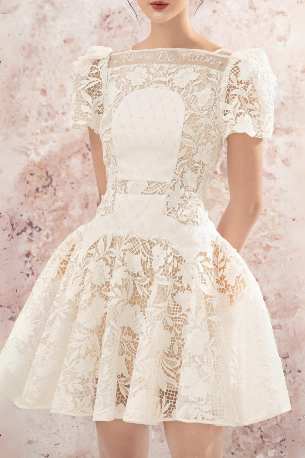 rose sleeve lace hollow mini dress in white