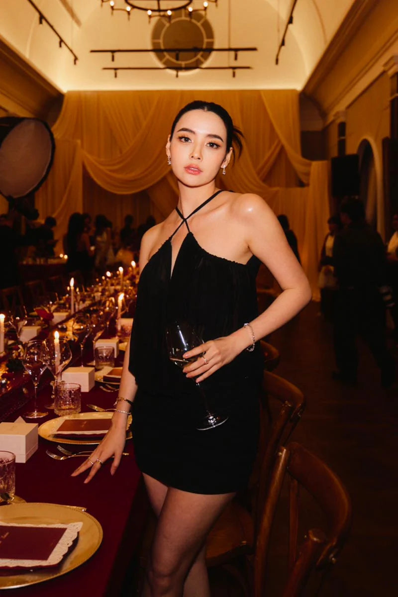 cheryl ruched halter bodycon mini dress in black