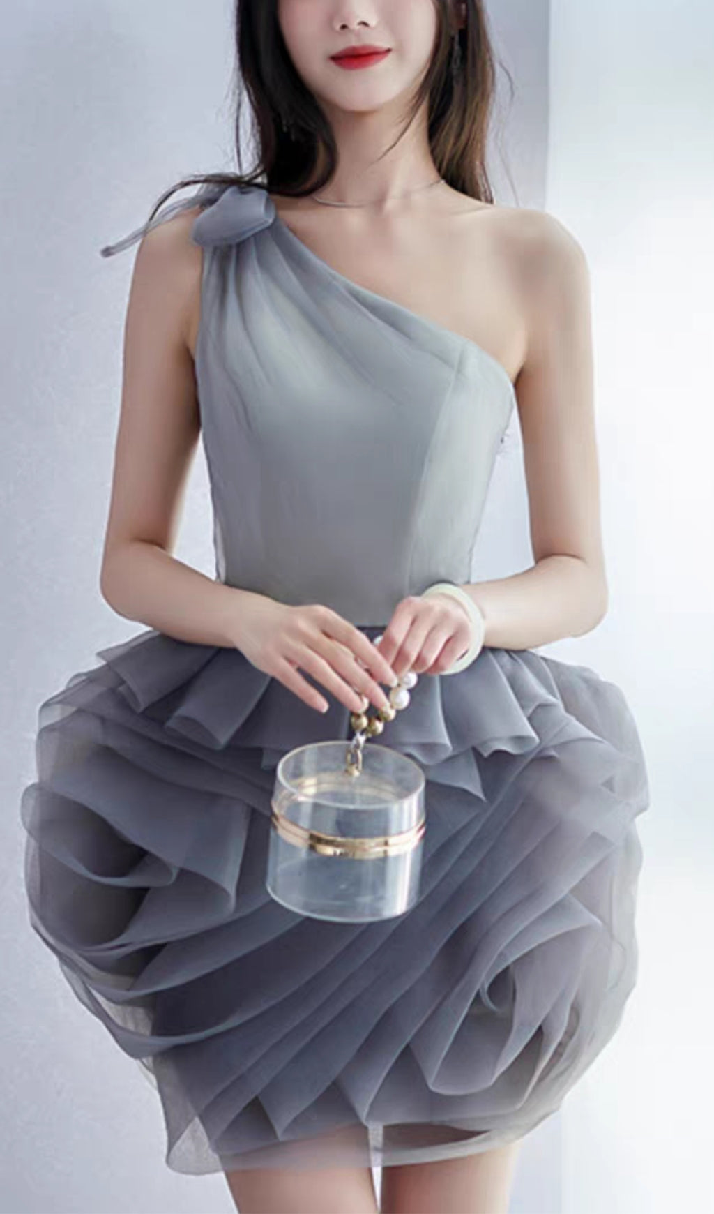 ONE SHOULDER MESH MINI DRESS IN GREY