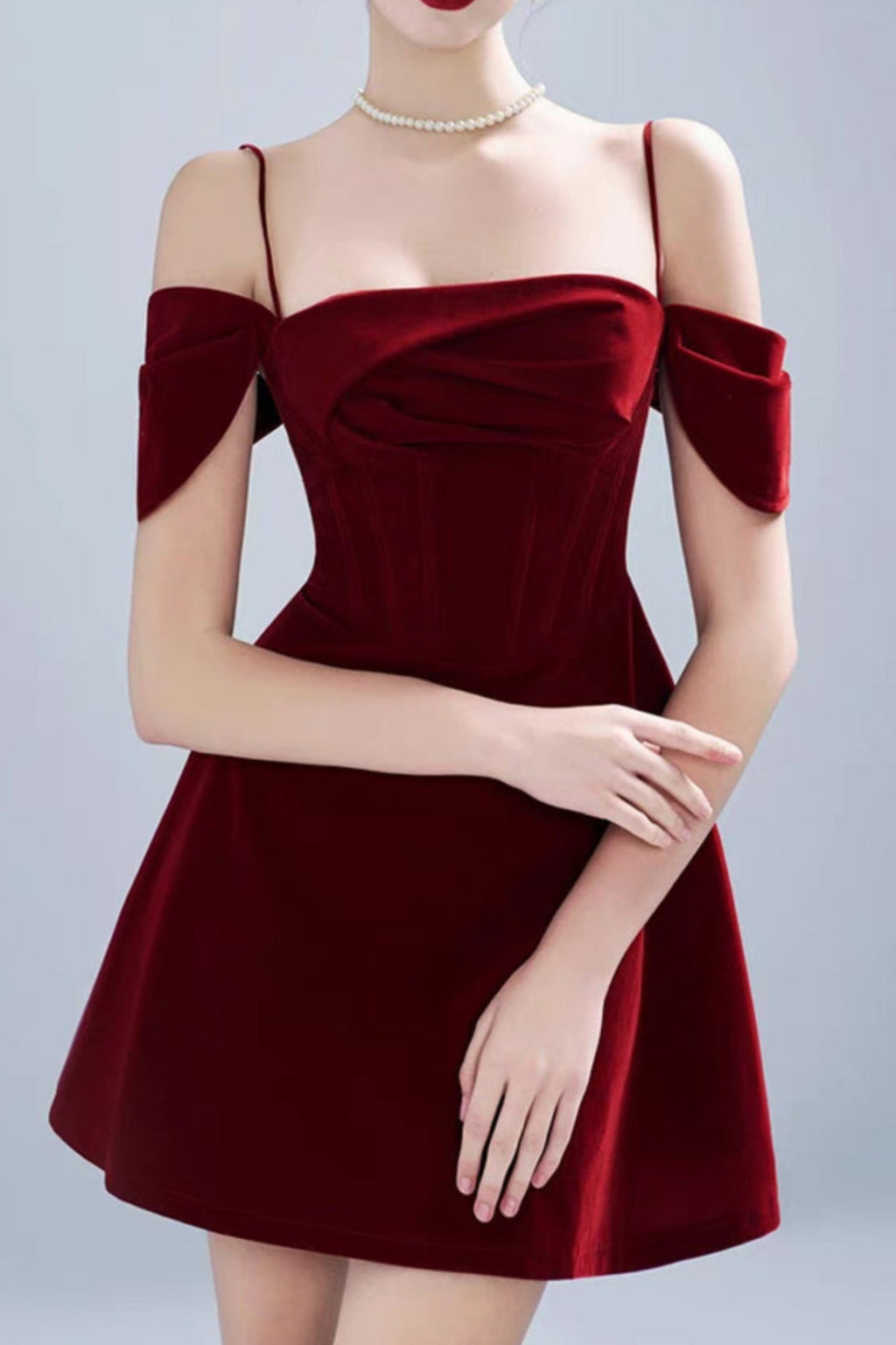 VELVET STRAP MINI DRESS IN CLARET