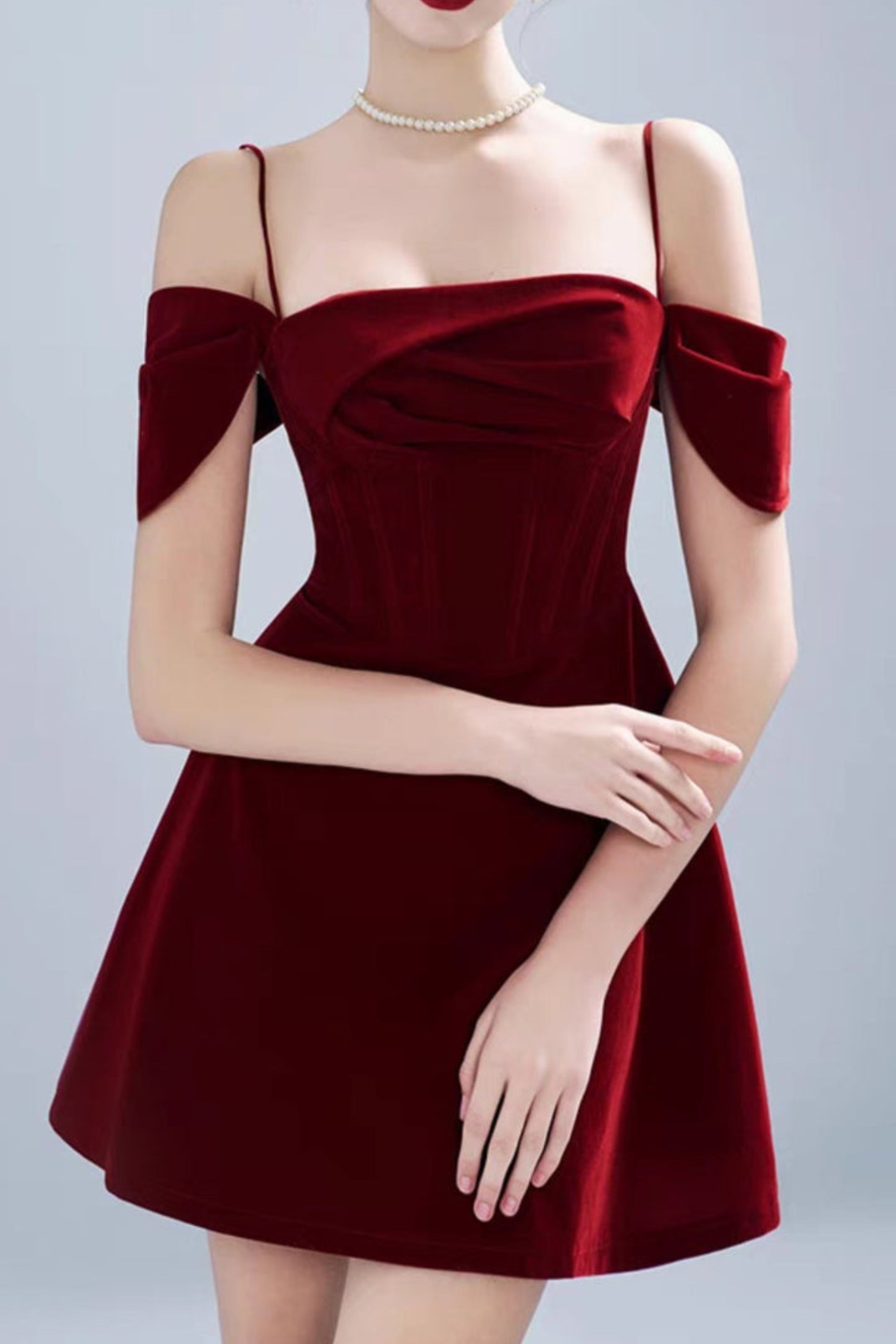 VELVET STRAP MINI DRESS IN CLARET